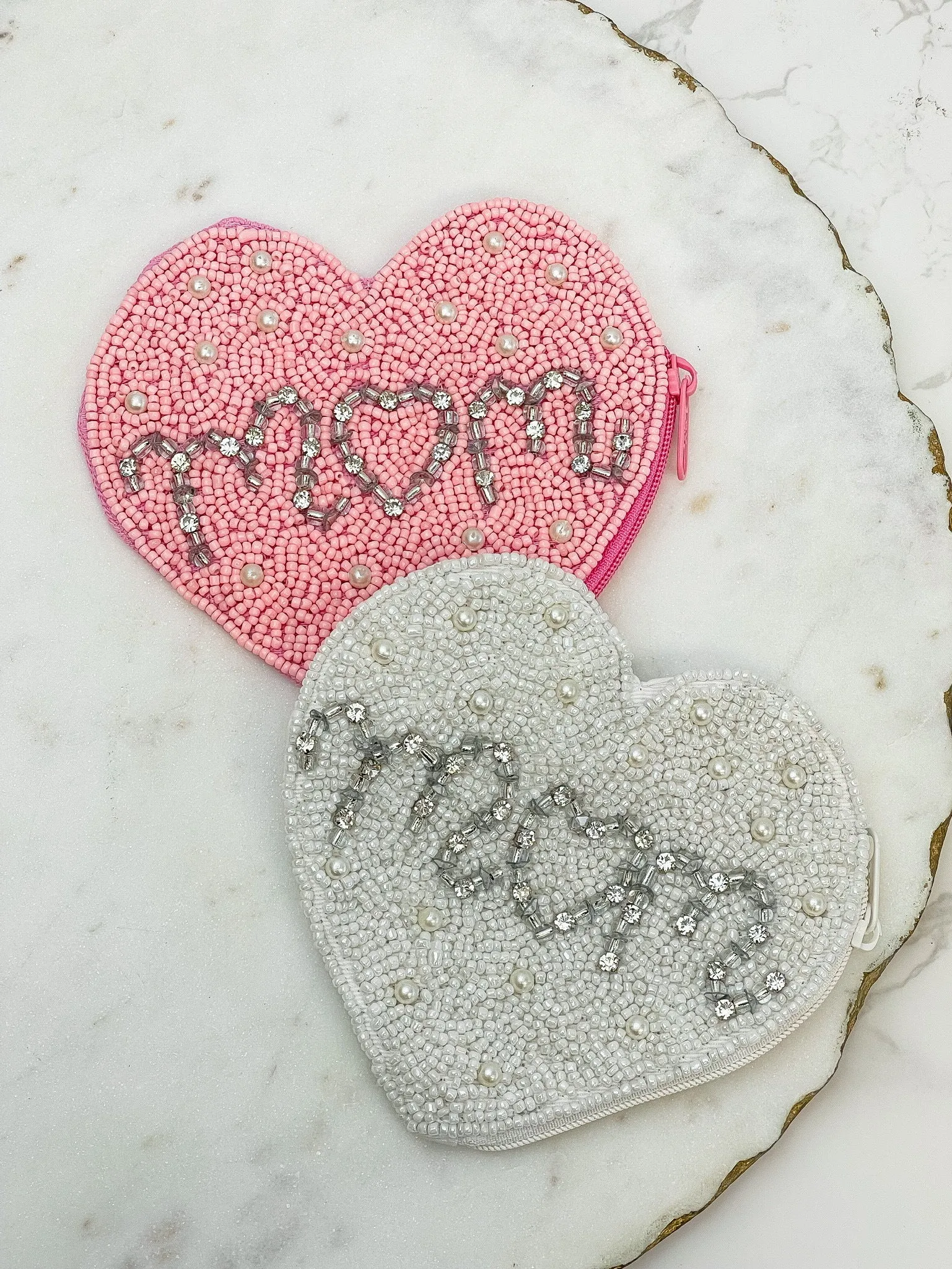 Glitzy 'Mom' Beaded Zip Pouch - White