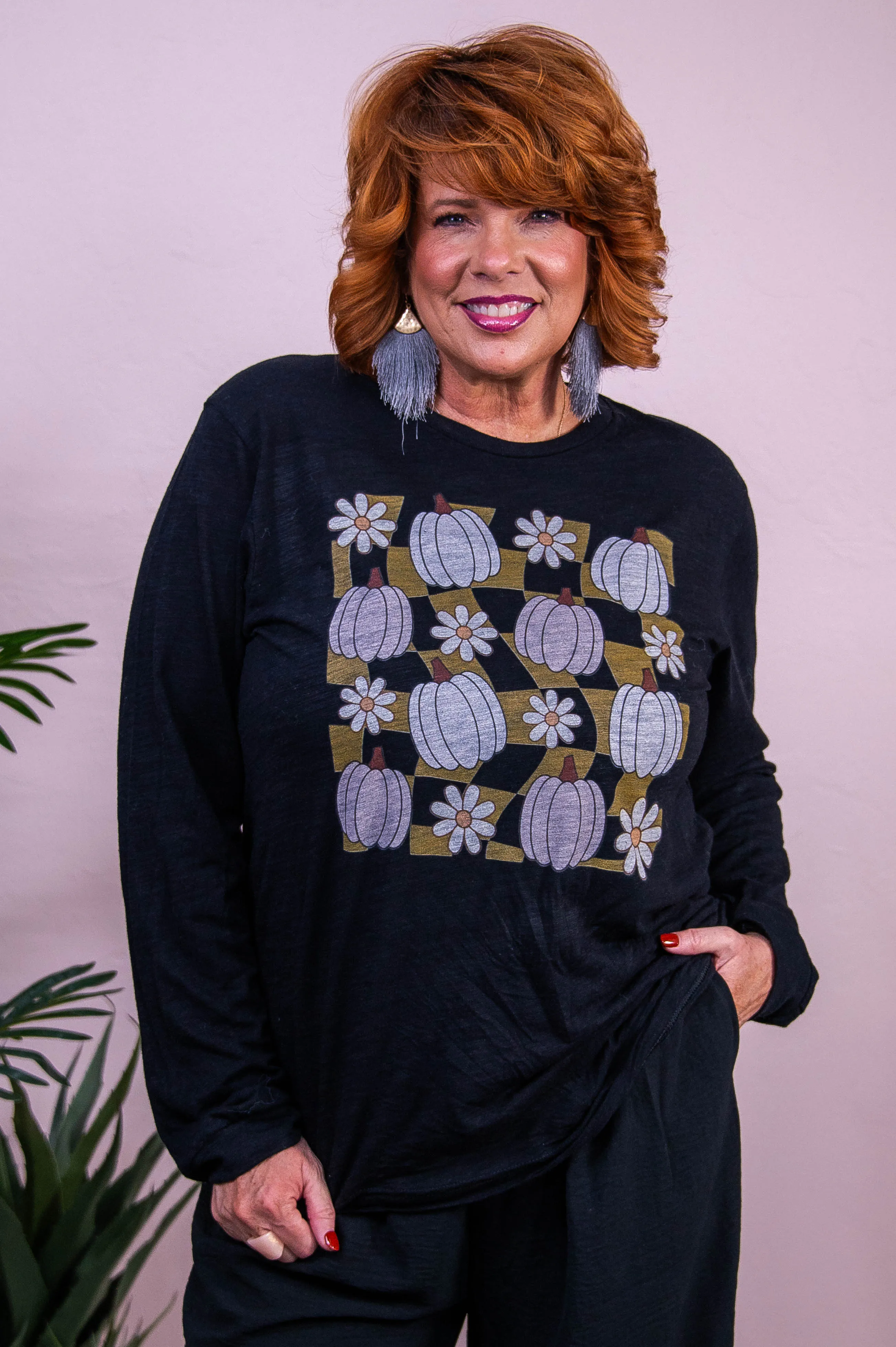 Gone Pumpkin Picking Charcoal Black Long Sleeve Graphic Tee - A3563CBK