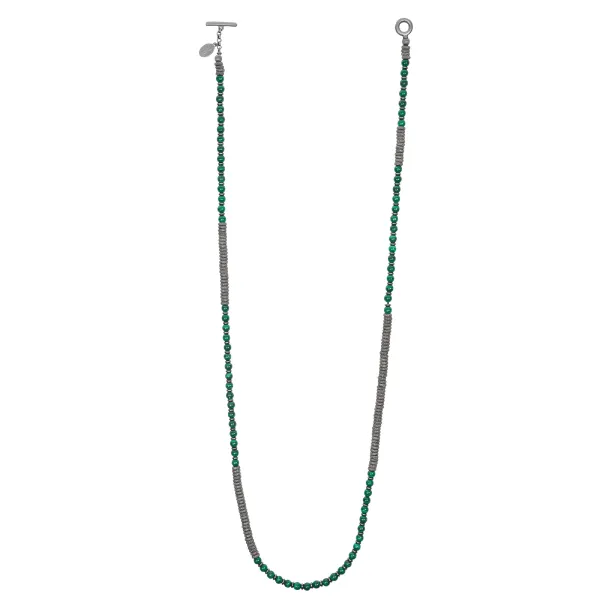 Green Malaquite Stone Beaded Necklace with Black PVD Beads