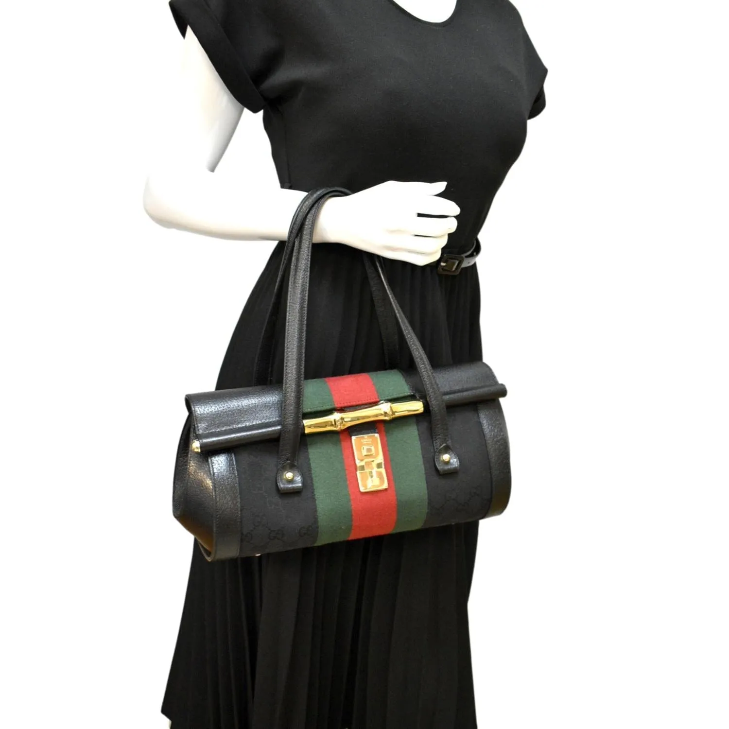 GUCCI Bamboo Bullet Calfskin Leather Satchel Bag Black 131496