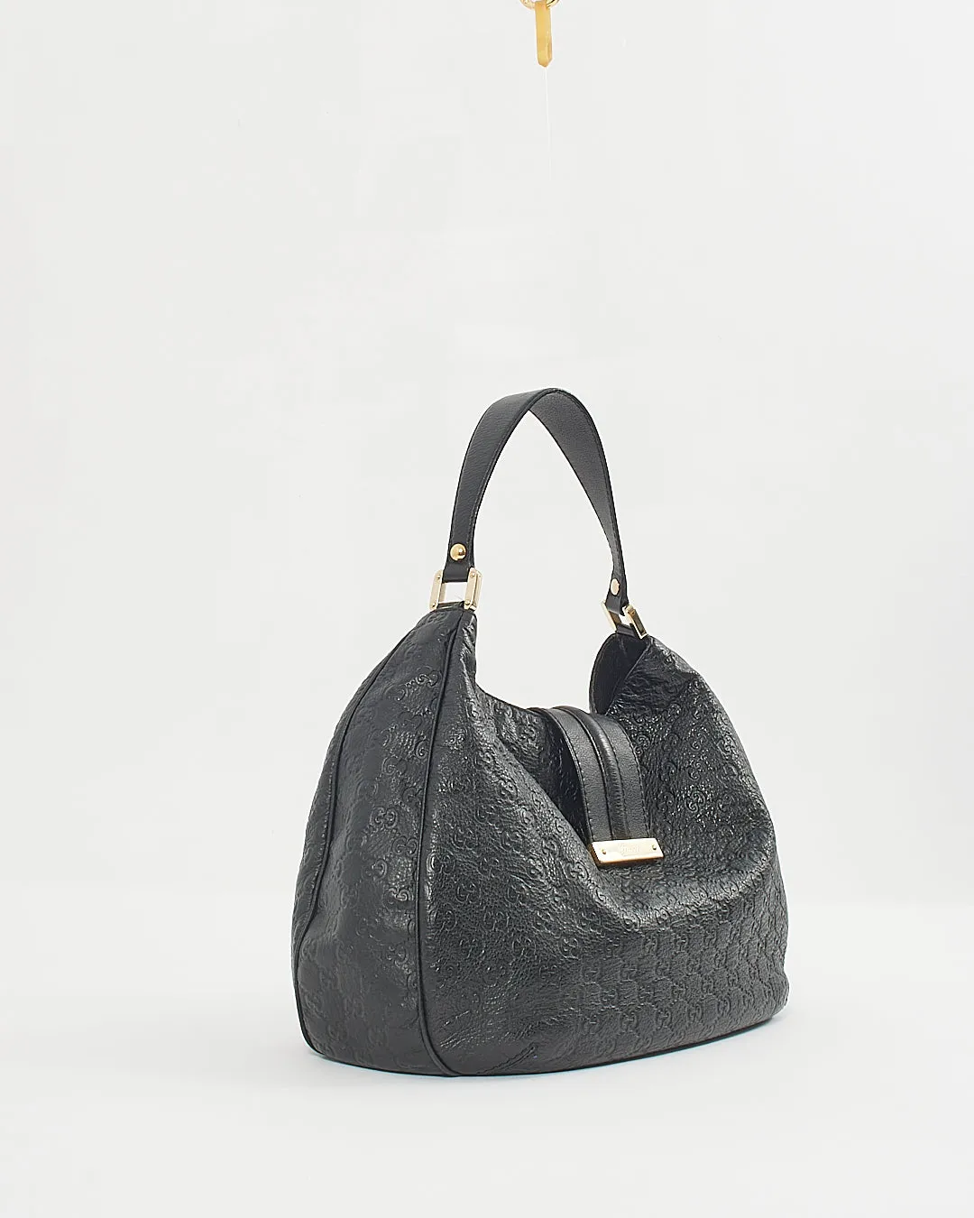 Gucci Black Leather Guccisima Large New Ladies Web Hobo Bag