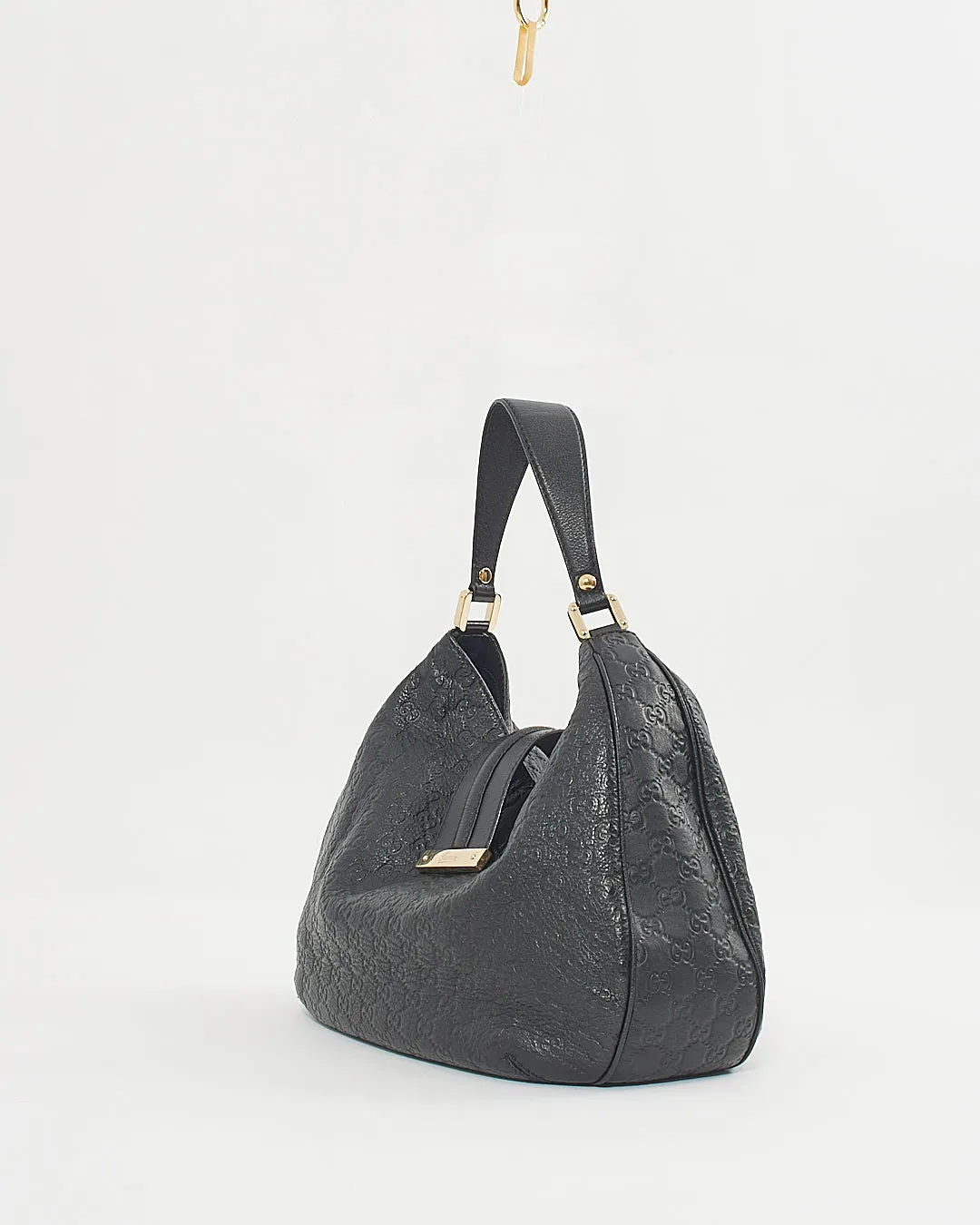 Gucci Black Leather Guccisima Large New Ladies Web Hobo Bag