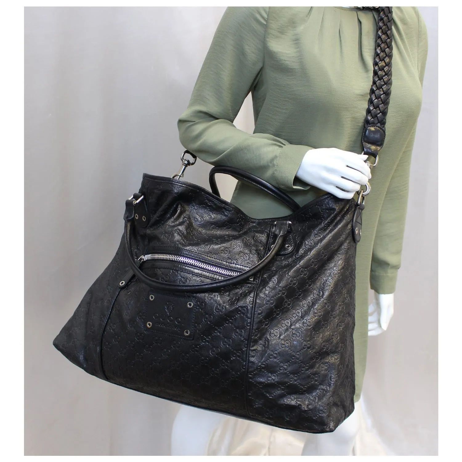 GUCCI Black Leather Signature Extra Large Tote Bag 189680