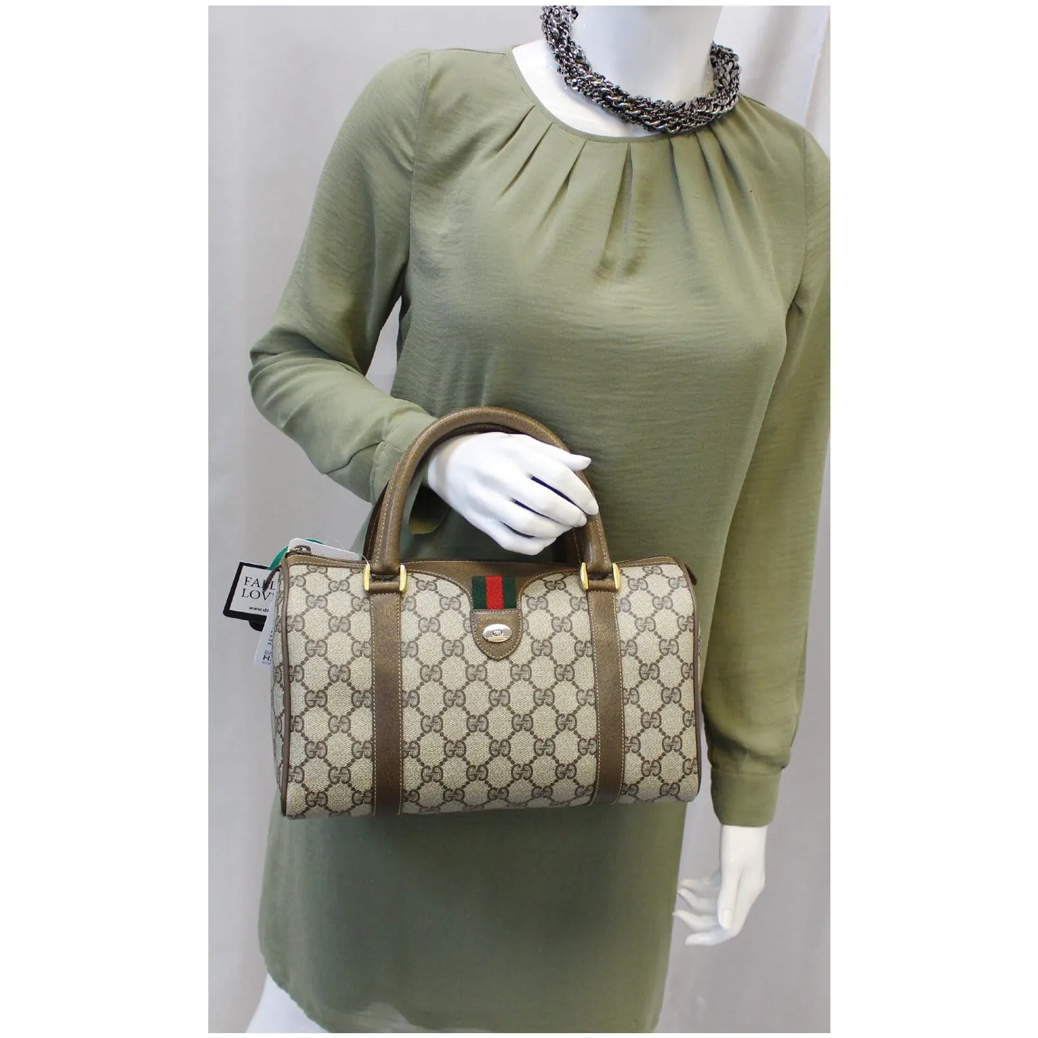 GUCCI Boston Doctor GG Canvas Satchel Handbag Taupe
