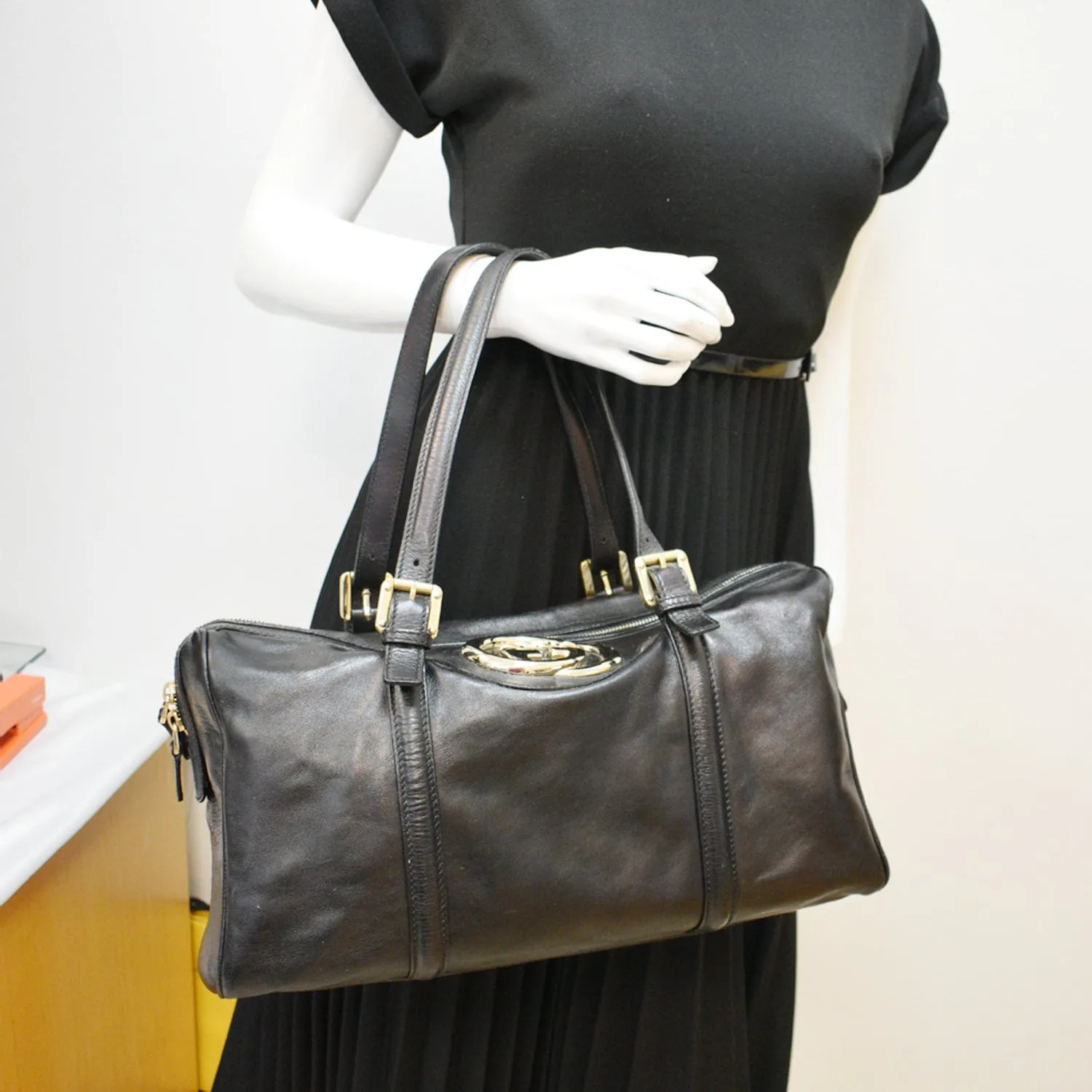 GUCCI Britt Leather Satchel Bag Black 170010