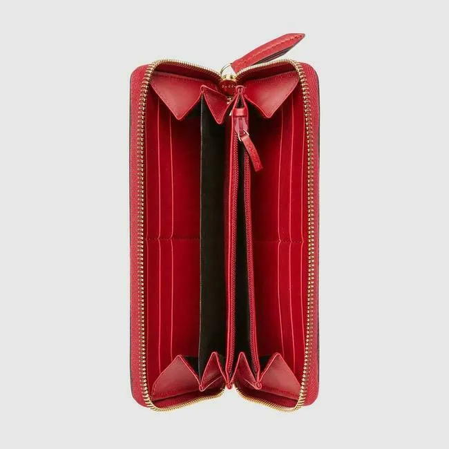 Gucci Cherry Leather Red Long Wallet Zip Around GG Large Italy Signature GG NEW