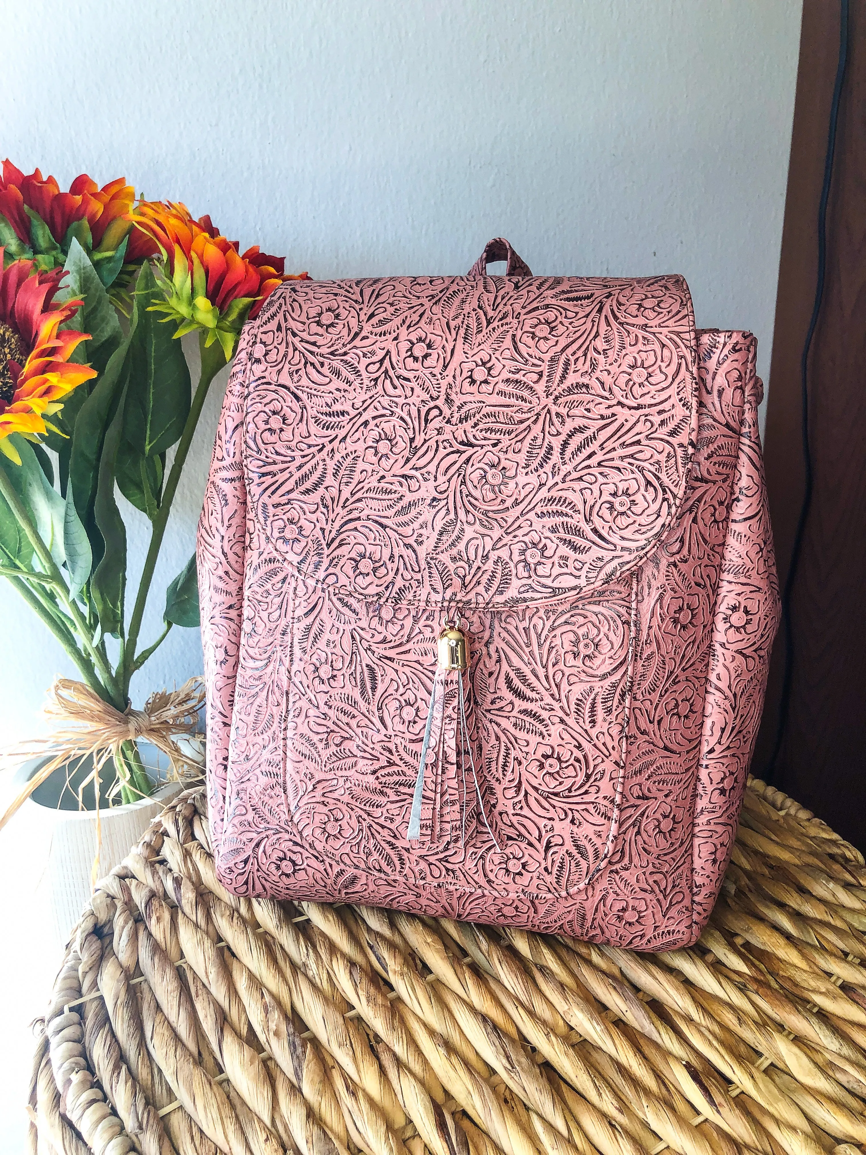 Hand-Tooled Pink Leather Backpack