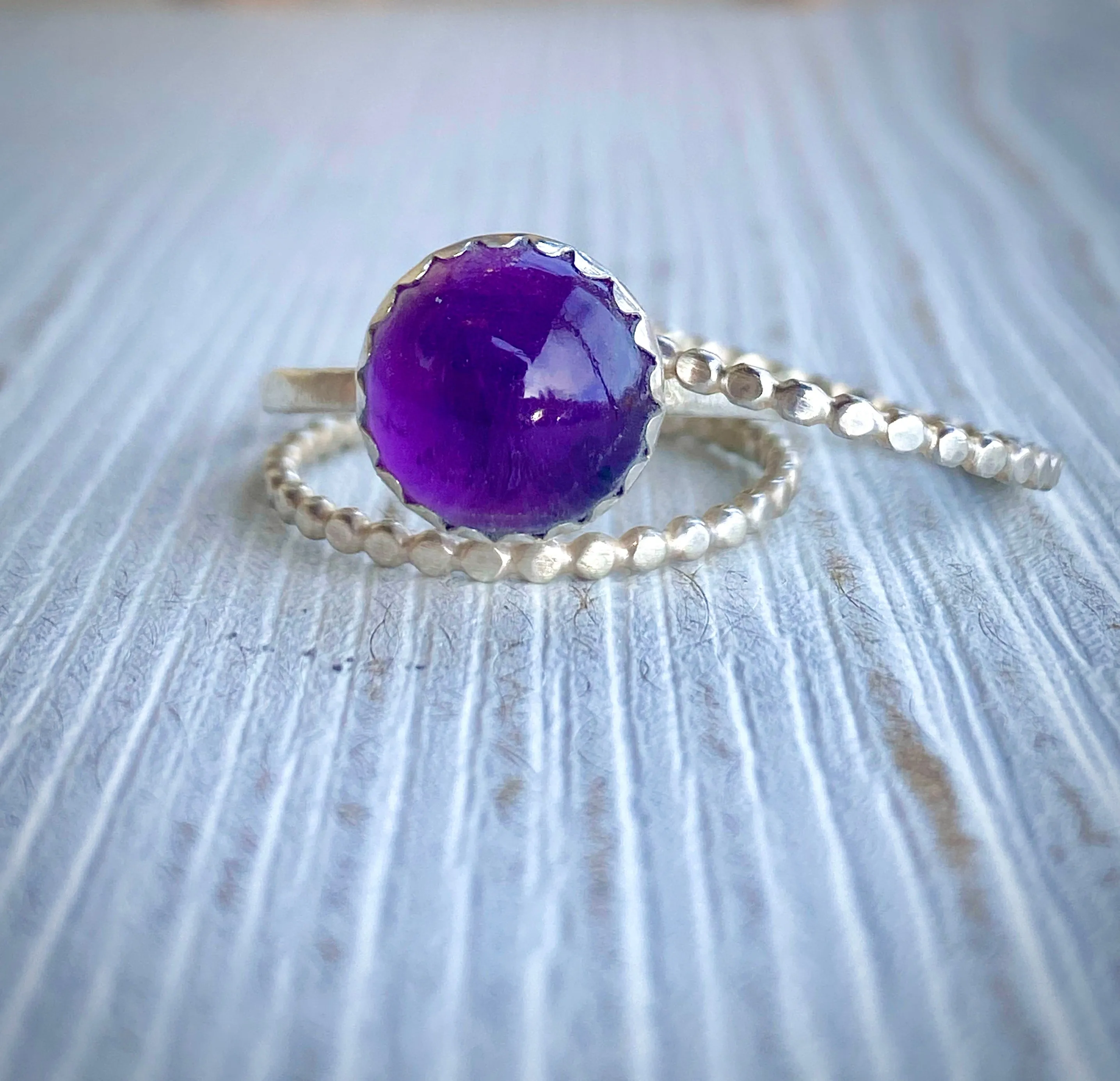 Handcrafted Fine Silver Amethyst Stack Ring Set | Beaded Design