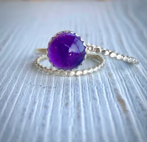 Handcrafted Fine Silver Amethyst Stack Ring Set | Beaded Design