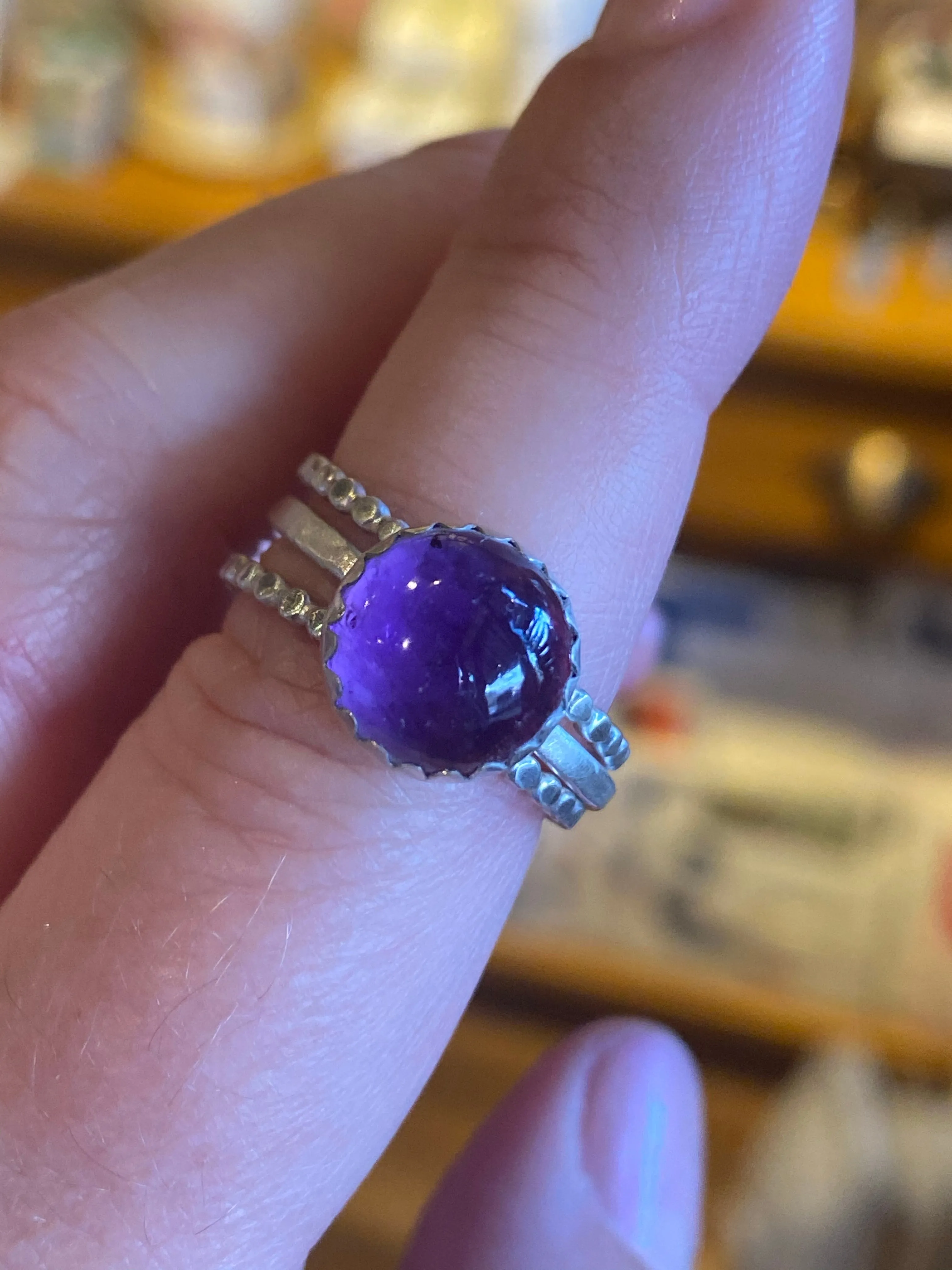Handcrafted Fine Silver Amethyst Stack Ring Set | Beaded Design