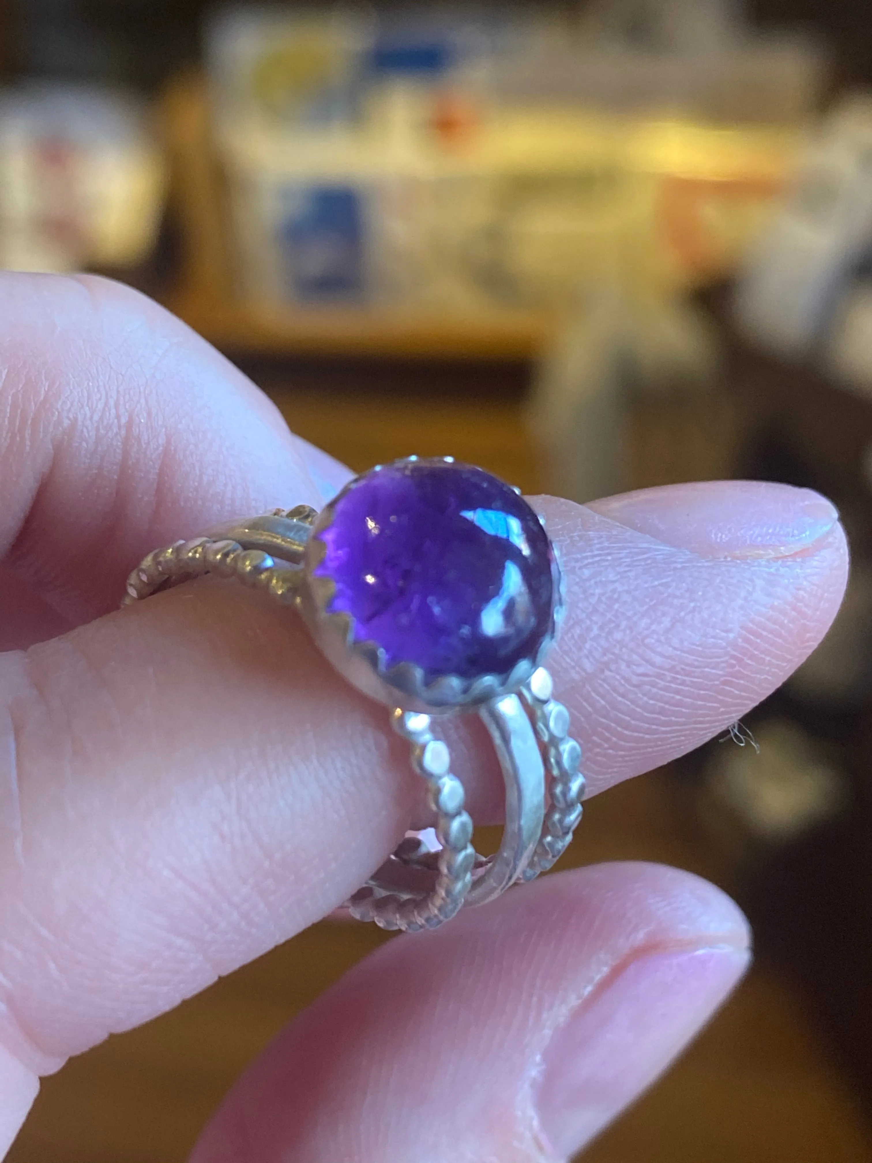 Handcrafted Fine Silver Amethyst Stack Ring Set | Beaded Design