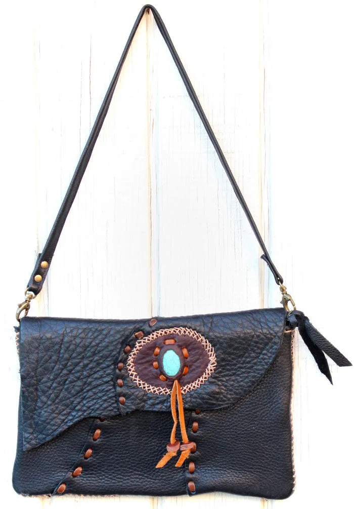 Handmade Cowhide leather adjustable clutch/purse with stone accent
