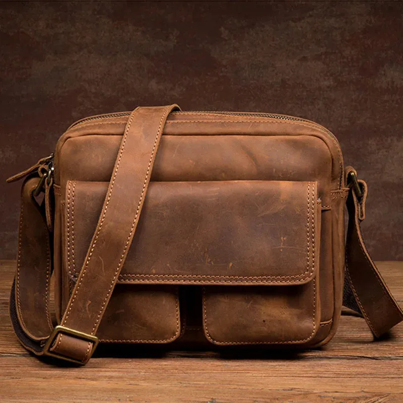 Handmade Crazy Horse Leather Crossbody Small Backpack