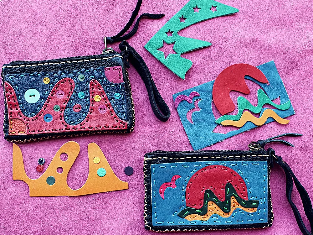 Handmade genuine leather collage art clutch/ wallet-Love cat design