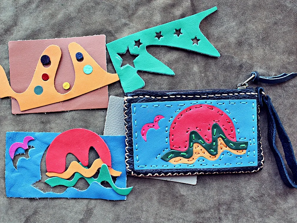 Handmade genuine leather collage art clutch/ wallet-Solar system design