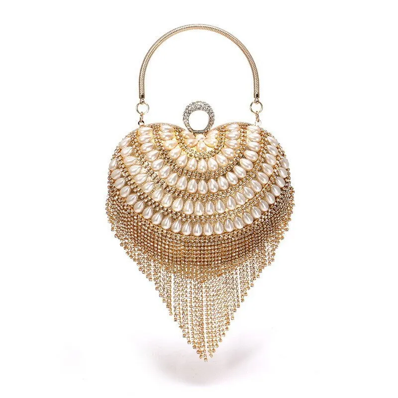 Heart Design Women Clutches Diamonds Evening Bags With Tassel