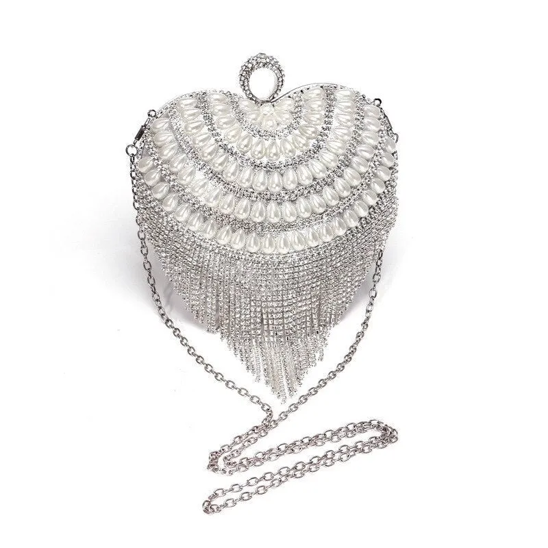 Heart Design Women Clutches Diamonds Evening Bags With Tassel