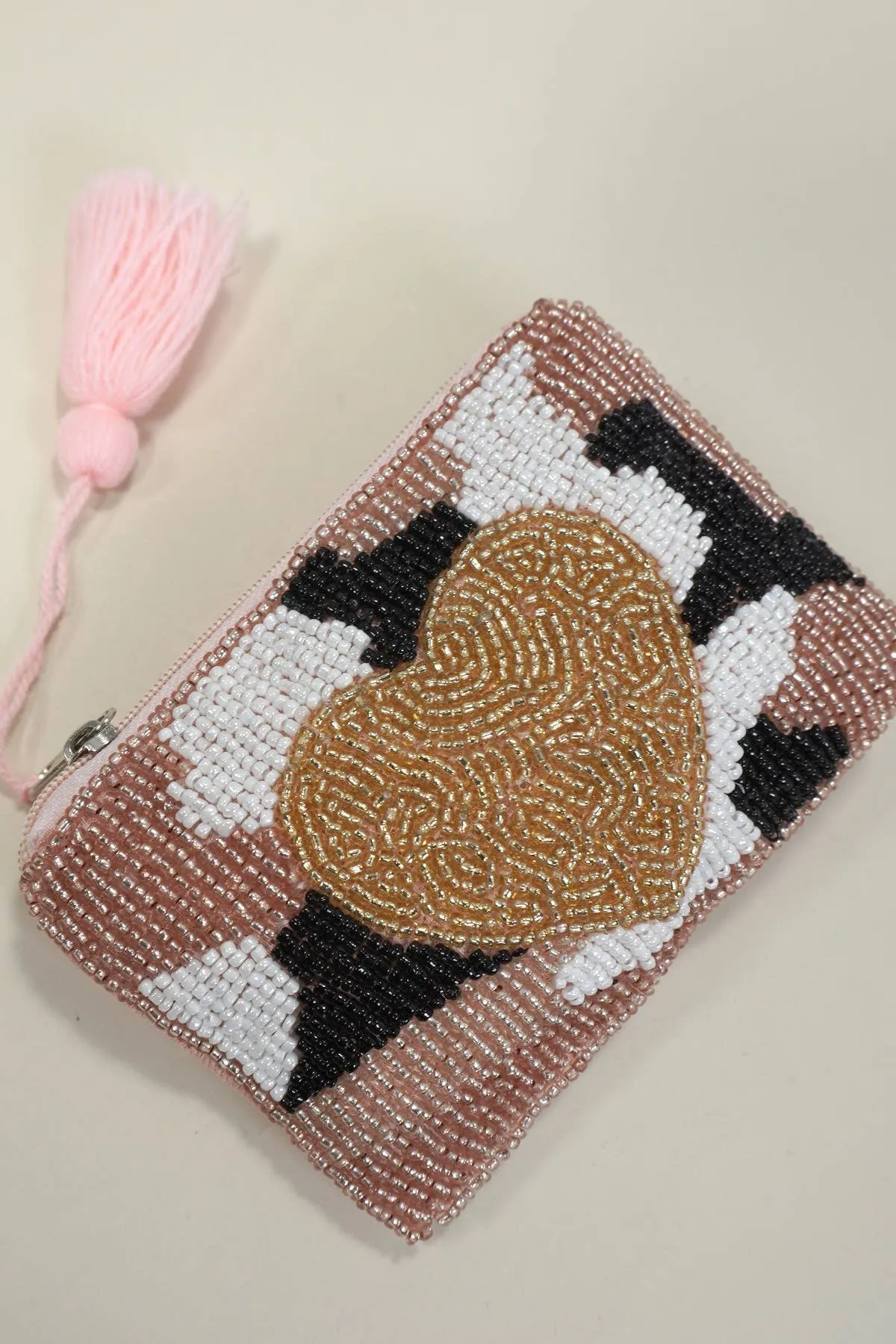 HEART GOLD TASSEL SEED BEADED COIN PURSE | 91CP907