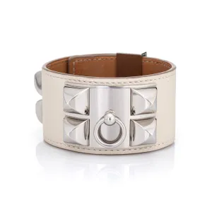 Hermes Bracelet CDC Collier de Chien Cuff White Leather Palladium Plate Sz L