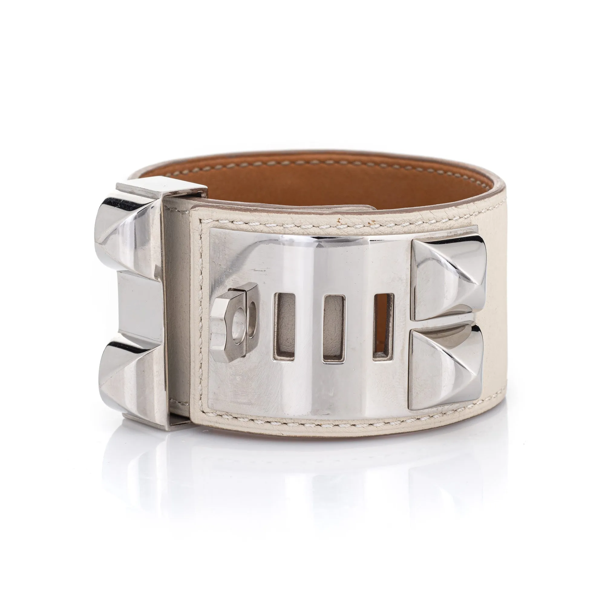 Hermes Bracelet CDC Collier de Chien Cuff White Leather Palladium Plate Sz L