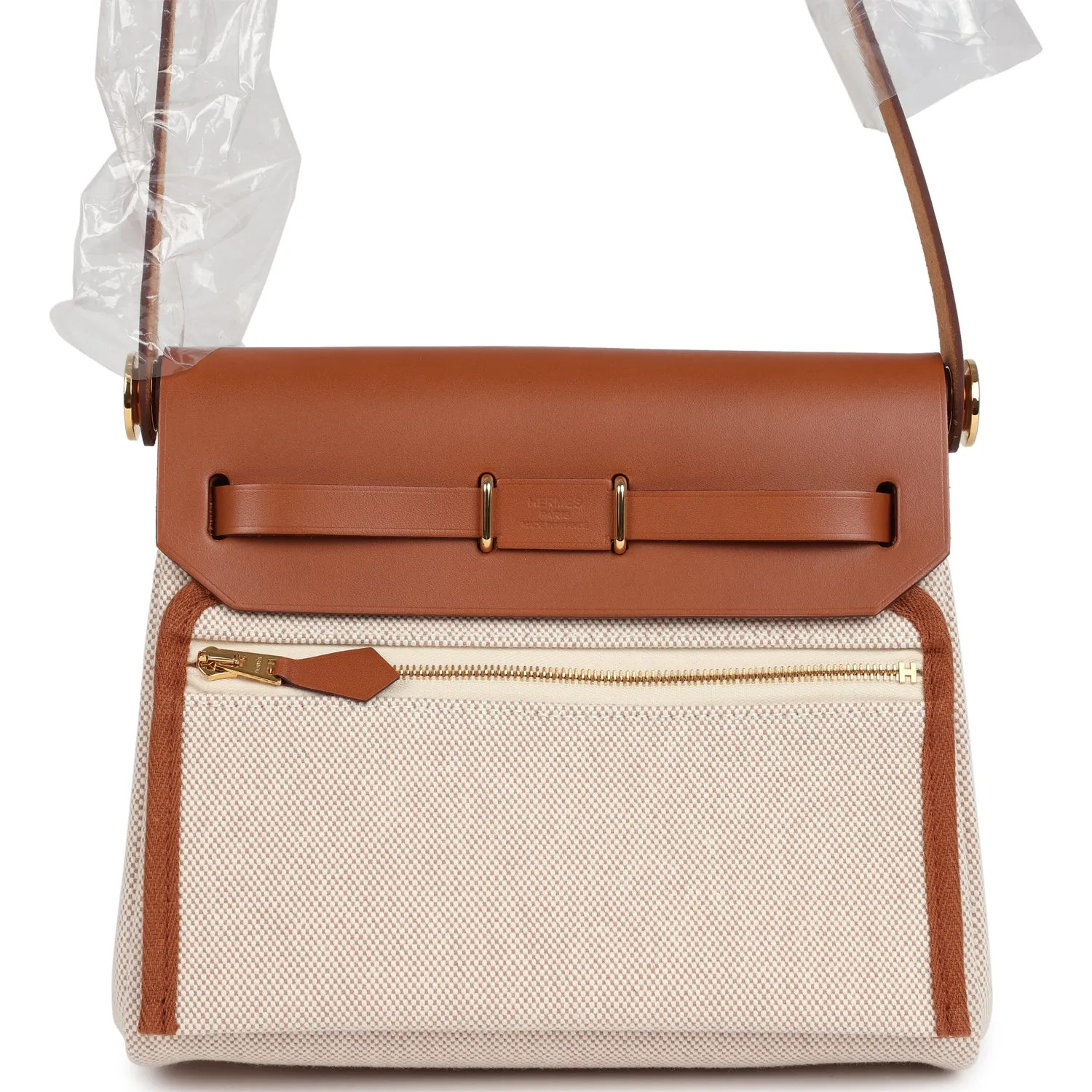 Hermes Herbag Zip 20 Mini Ecru and Beige Toile H Canvas and Fauve Vache Hunter Gold Hardware