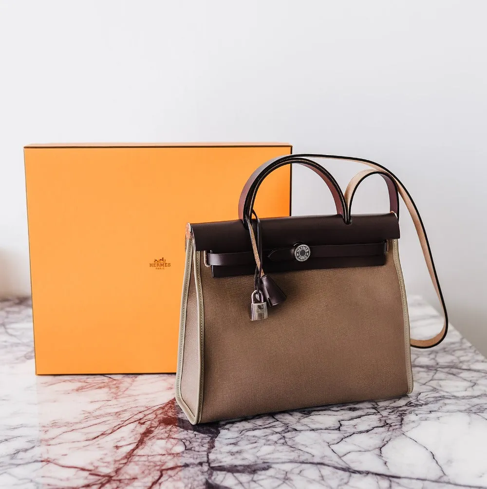 HERMÈS Herbag Zip 31 PM Etoupe, Toile Canvas and Leather Shoulder Strap Bag