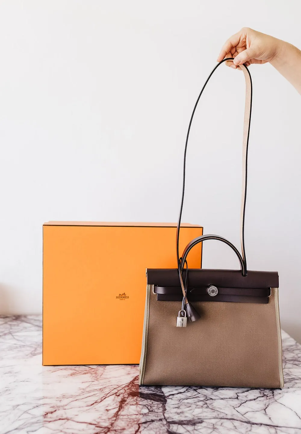 HERMÈS Herbag Zip 31 PM Etoupe, Toile Canvas and Leather Shoulder Strap Bag