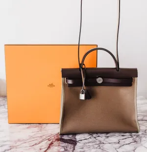 HERMÈS Herbag Zip 31 PM Etoupe, Toile Canvas and Leather Shoulder Strap Bag