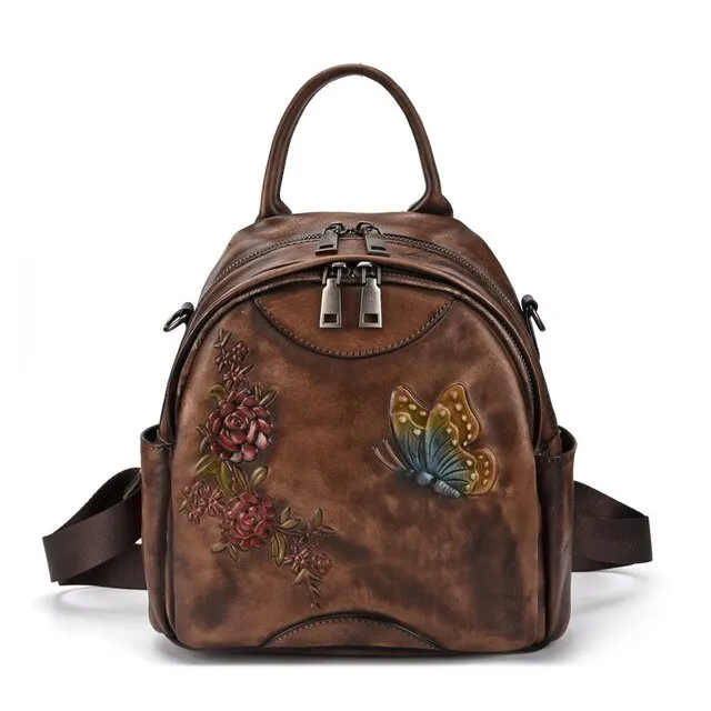 High Quality Genuine Leather Women Backpack Single Shoulder Bag Embossing Knapsack Travel Bag National Skin Daypack Rucksack