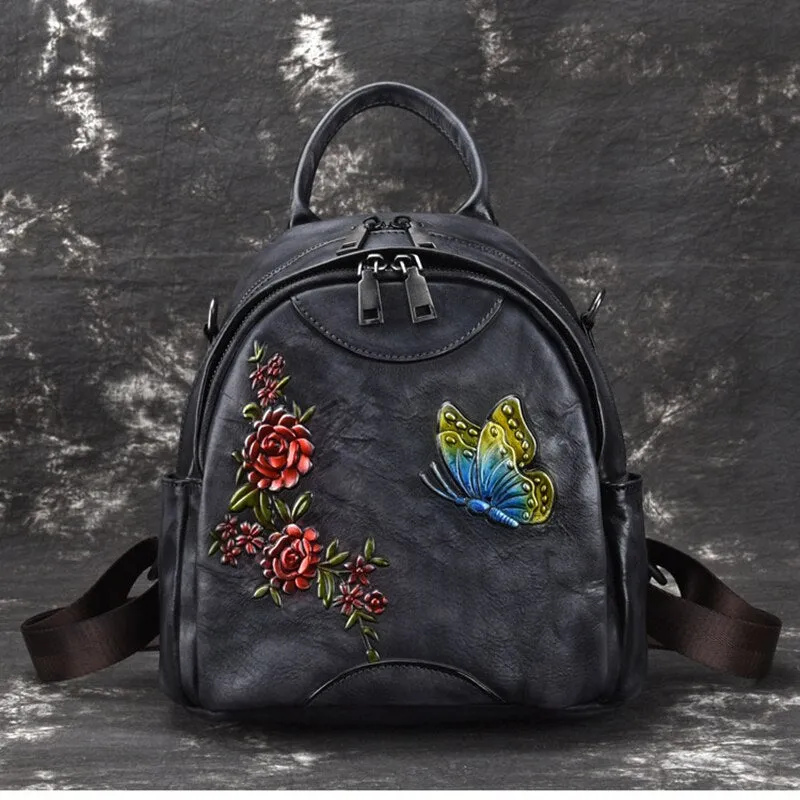 High Quality Genuine Leather Women Backpack Single Shoulder Bag Embossing Knapsack Travel Bag National Skin Daypack Rucksack