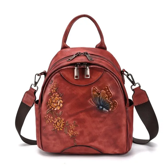 High Quality Genuine Leather Women Backpack Single Shoulder Bag Embossing Knapsack Travel Bag National Skin Daypack Rucksack