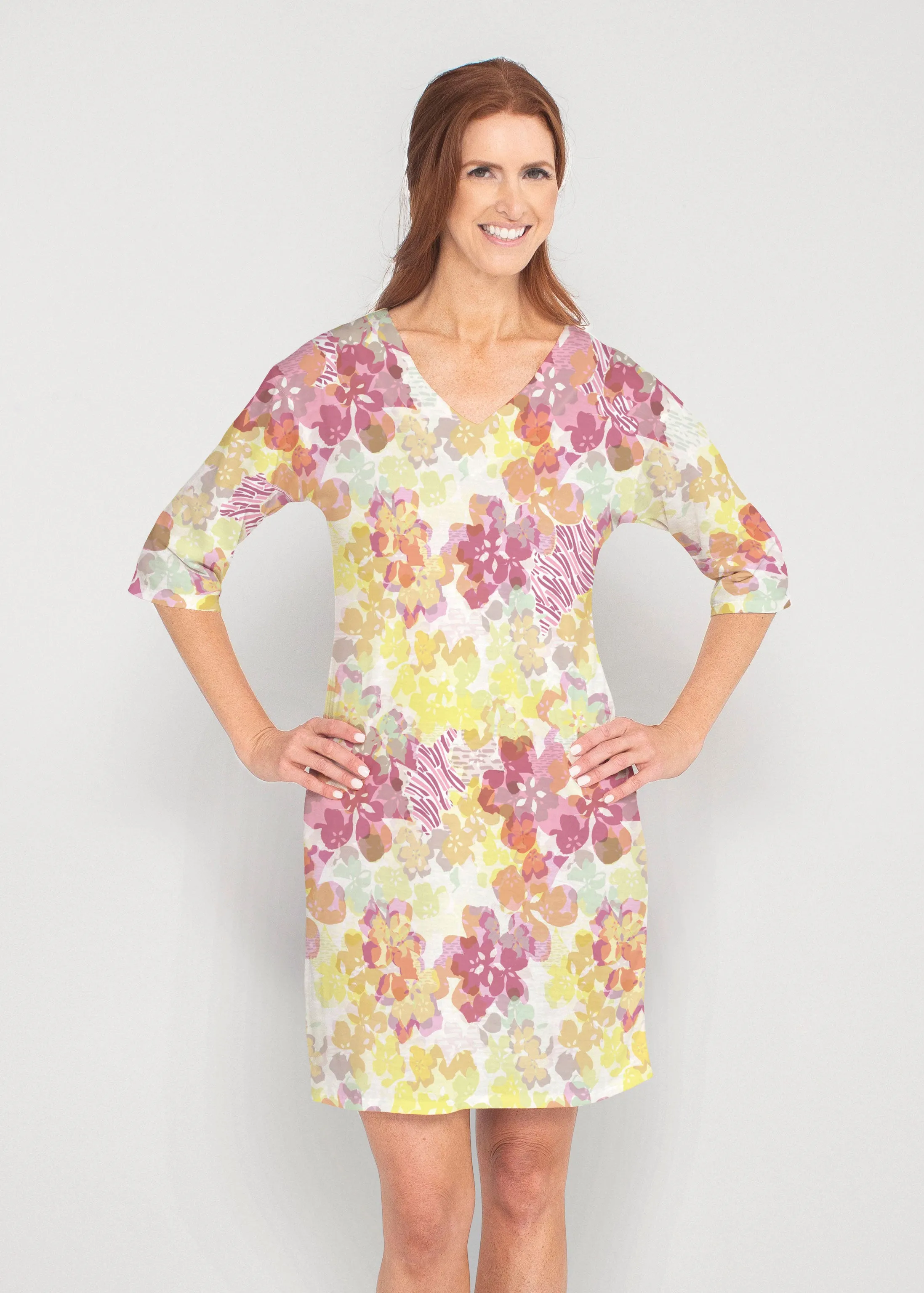 Hollyhocks (8070) ~ Drop Shoulder 3/4 Sleeve V-Neck Dress