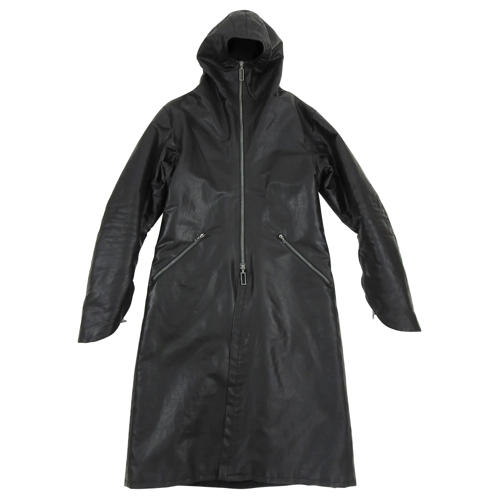 Inaisce Black Coated Canvas Long Hooded Zip Coat - L