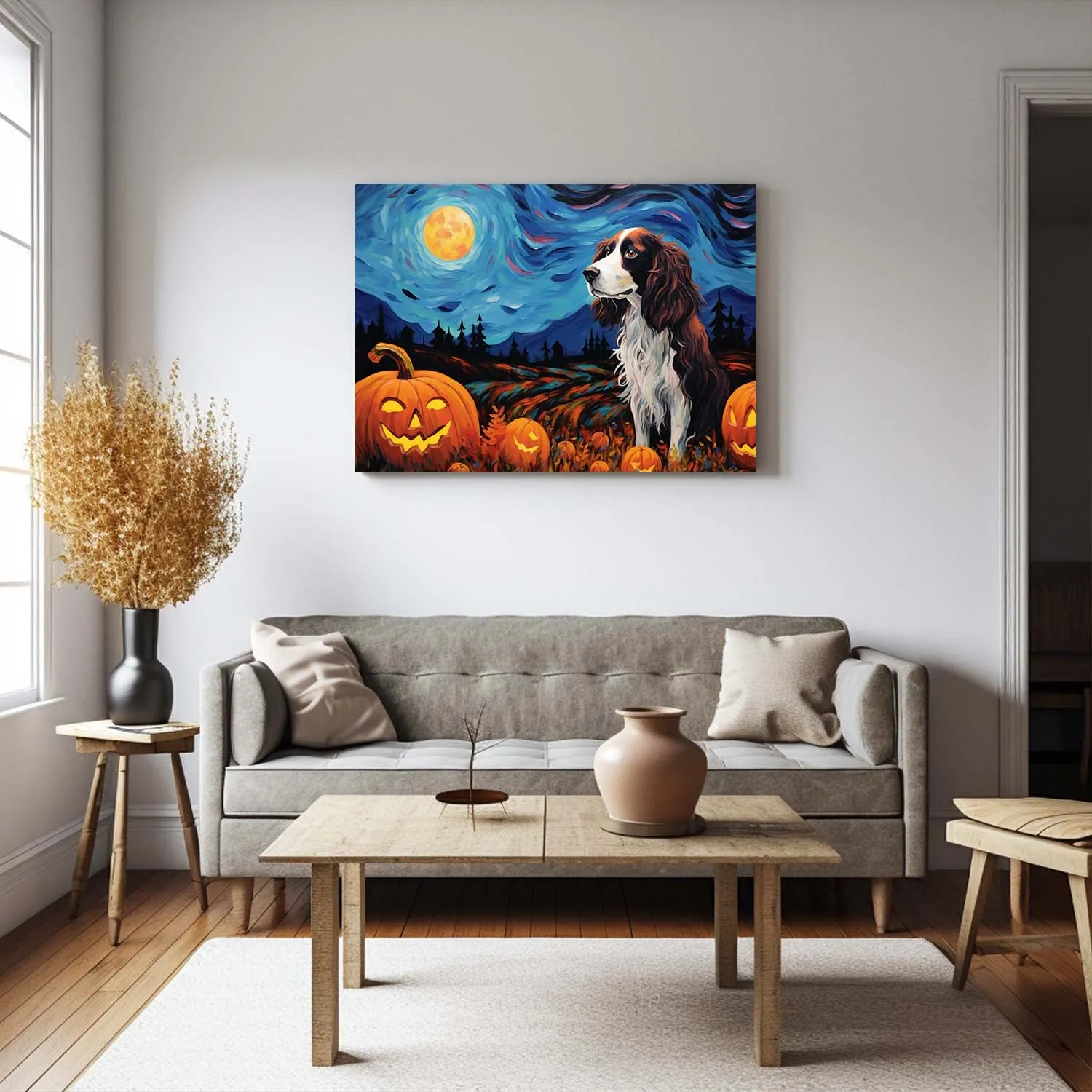 Irish Setters Dog 02 Halloween With Pumpkin Oil Painting Van Goh Style, Wooden Canvas Prints Wall Art Painting , Canvas 3d Art