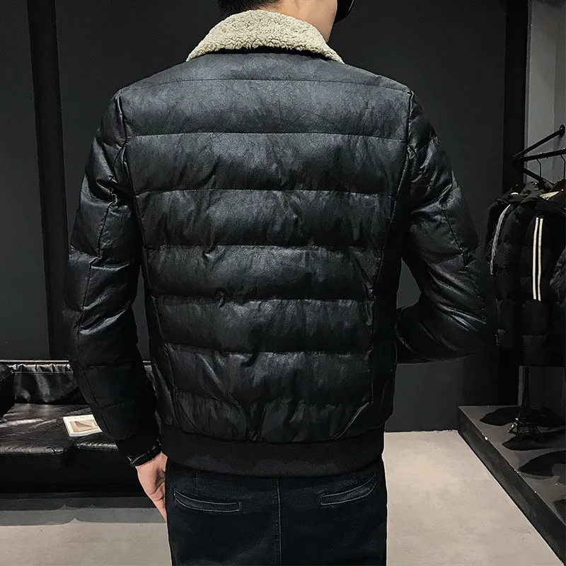 Lamb fur collar leather coat