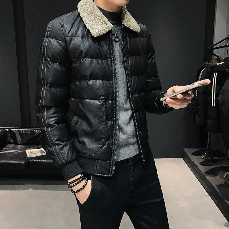 Lamb fur collar leather coat