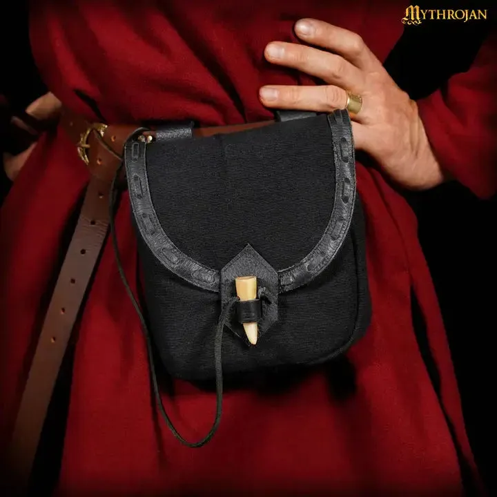 Leather and Cotton Belt Pouch with Horn Toggle - Authentic Medieval
