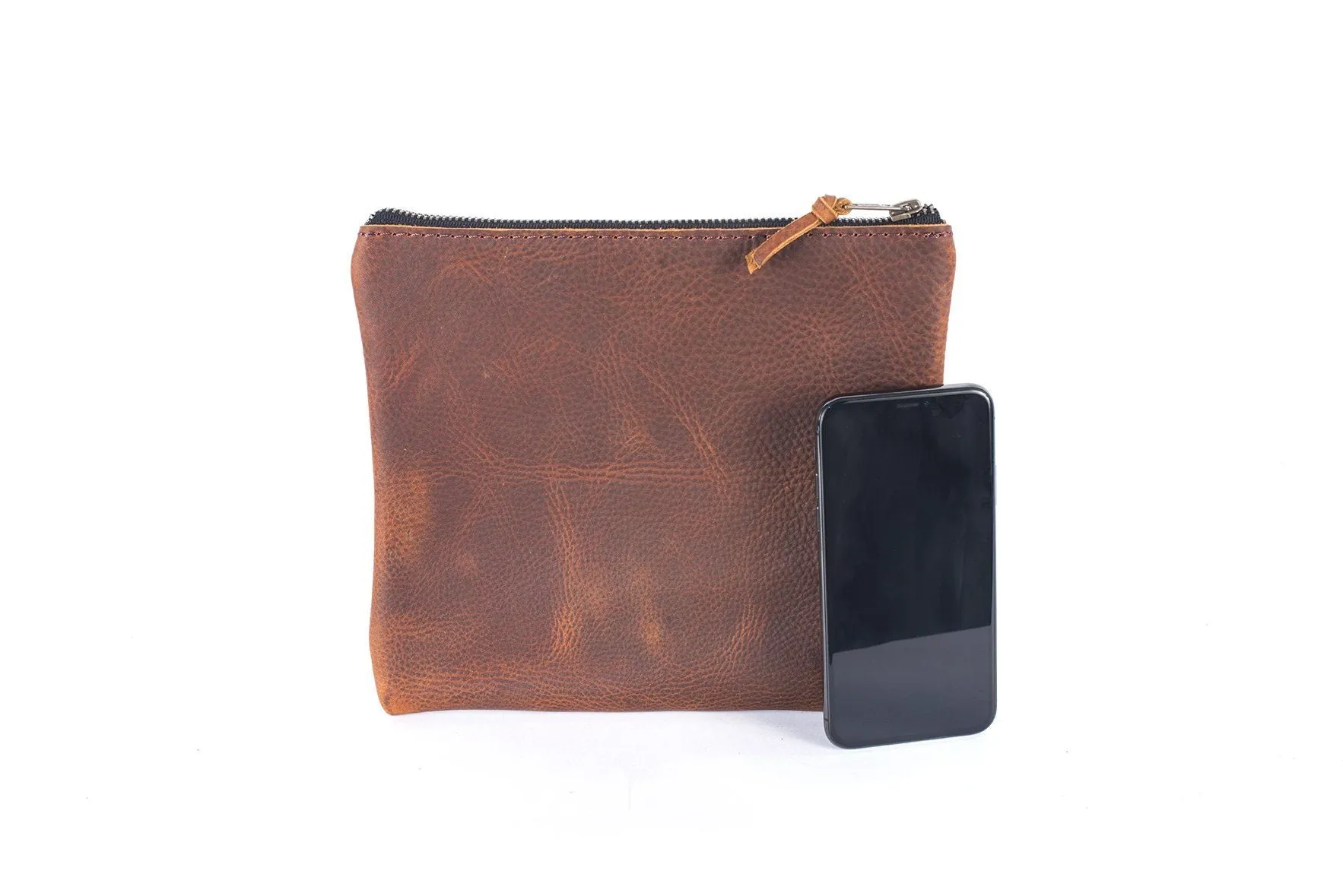 LEATHER TOP ZIPPER POUCH - LARGE