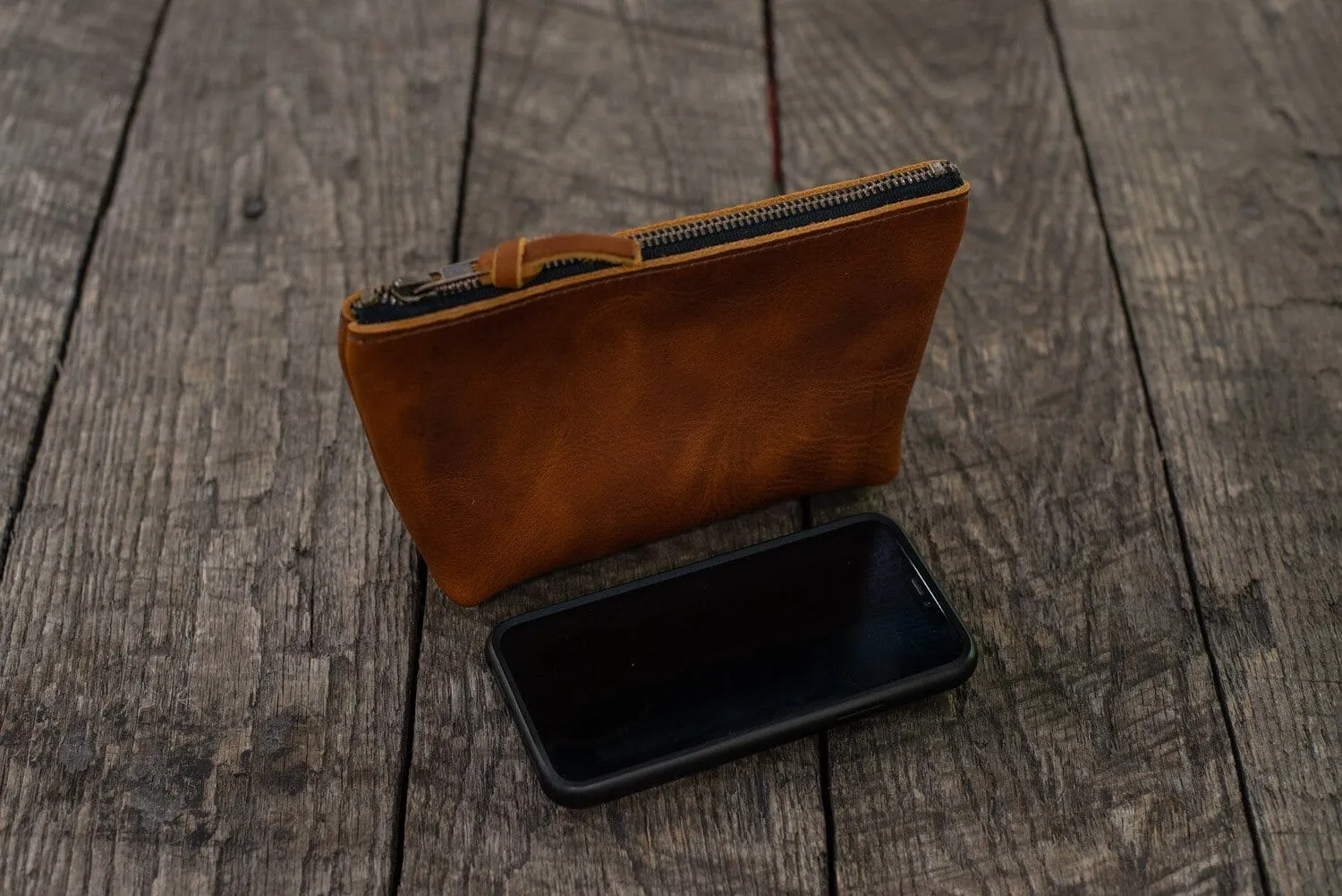 LEATHER TOP ZIPPERED POUCH - SMALL - COBALT BISON