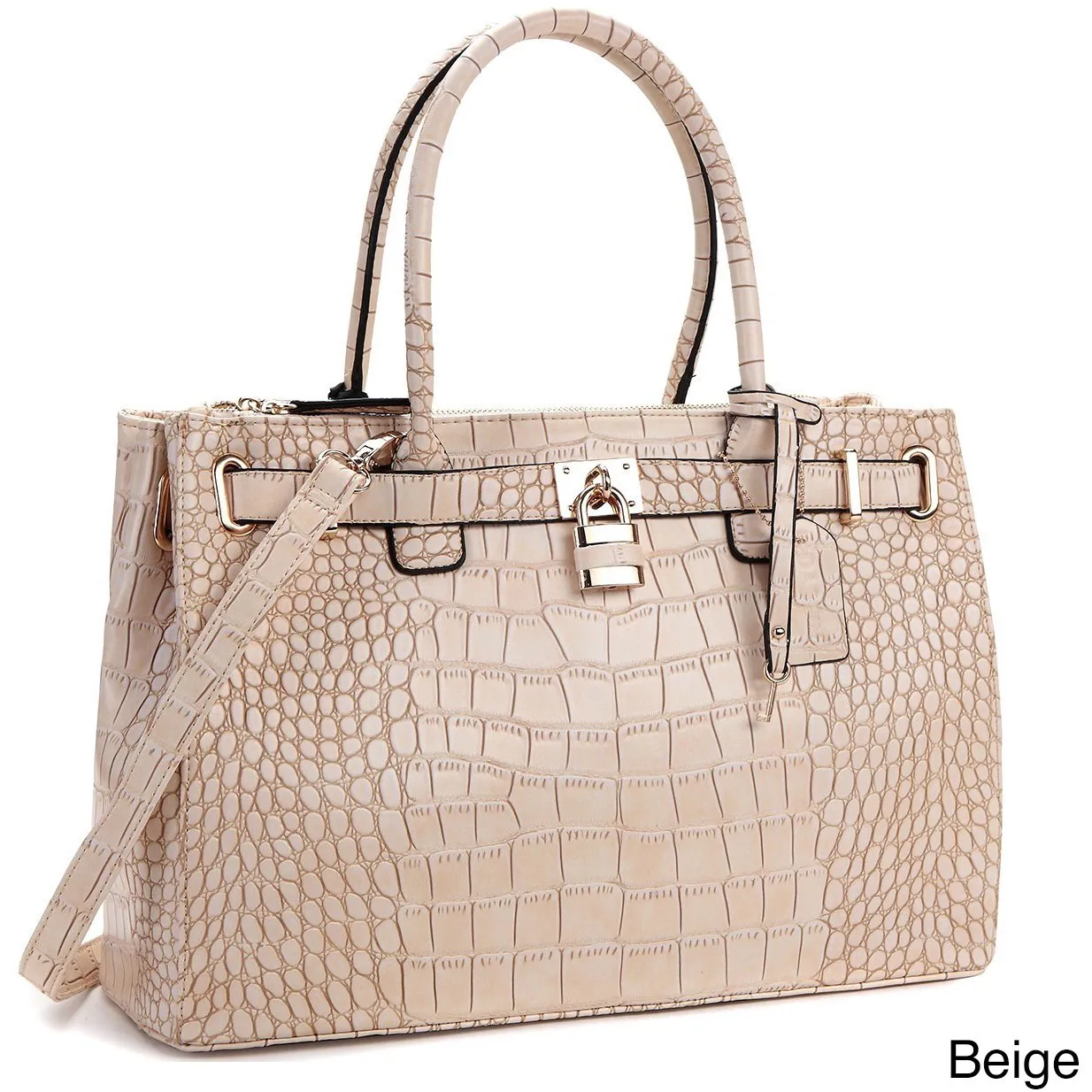 Lisa Cross Faux Croco Embossed Leather Padlock Satchel Handbag