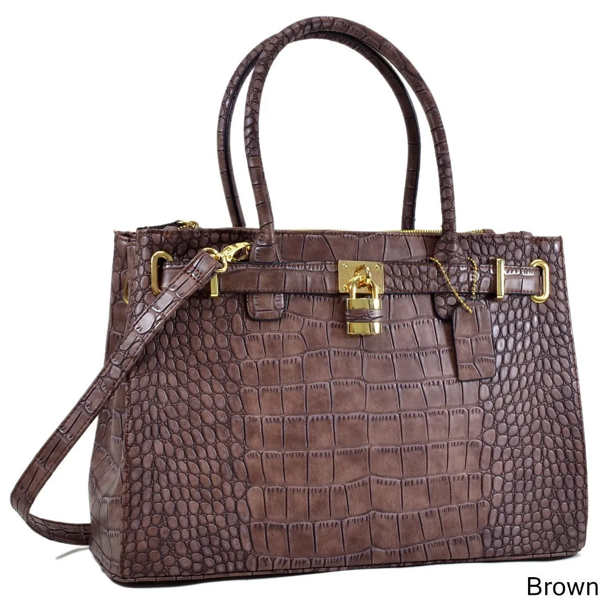 Lisa Cross Faux Croco Embossed Leather Padlock Satchel Handbag