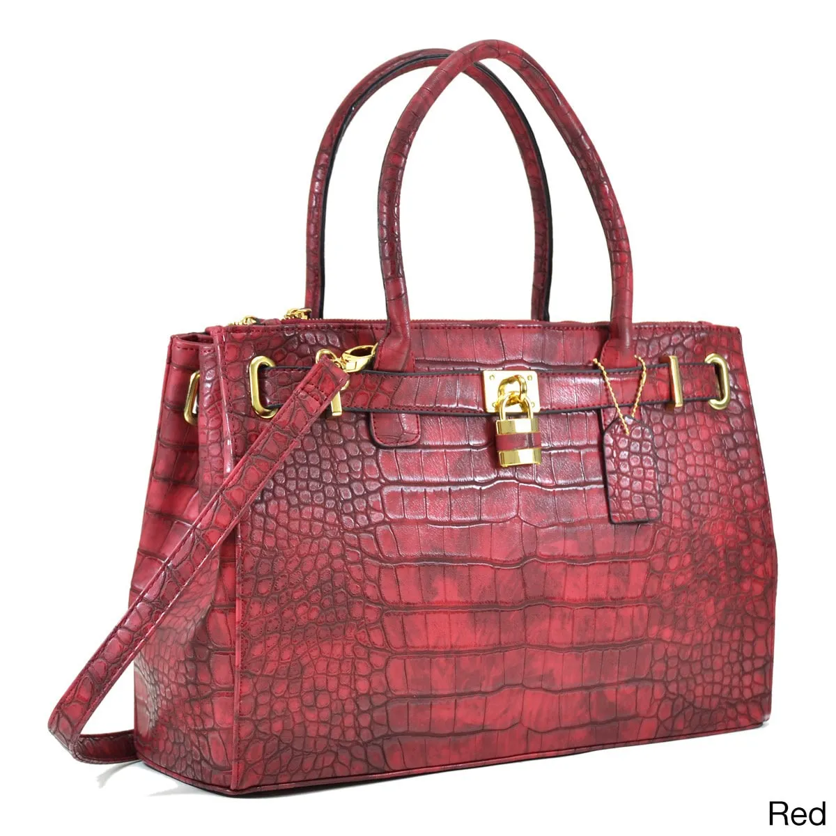 Lisa Cross Faux Croco Embossed Leather Padlock Satchel Handbag