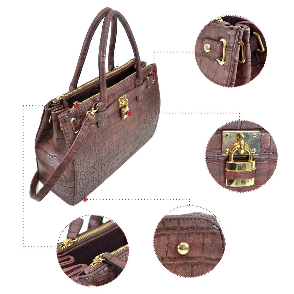 Lisa Cross Faux Croco Embossed Leather Padlock Satchel Handbag