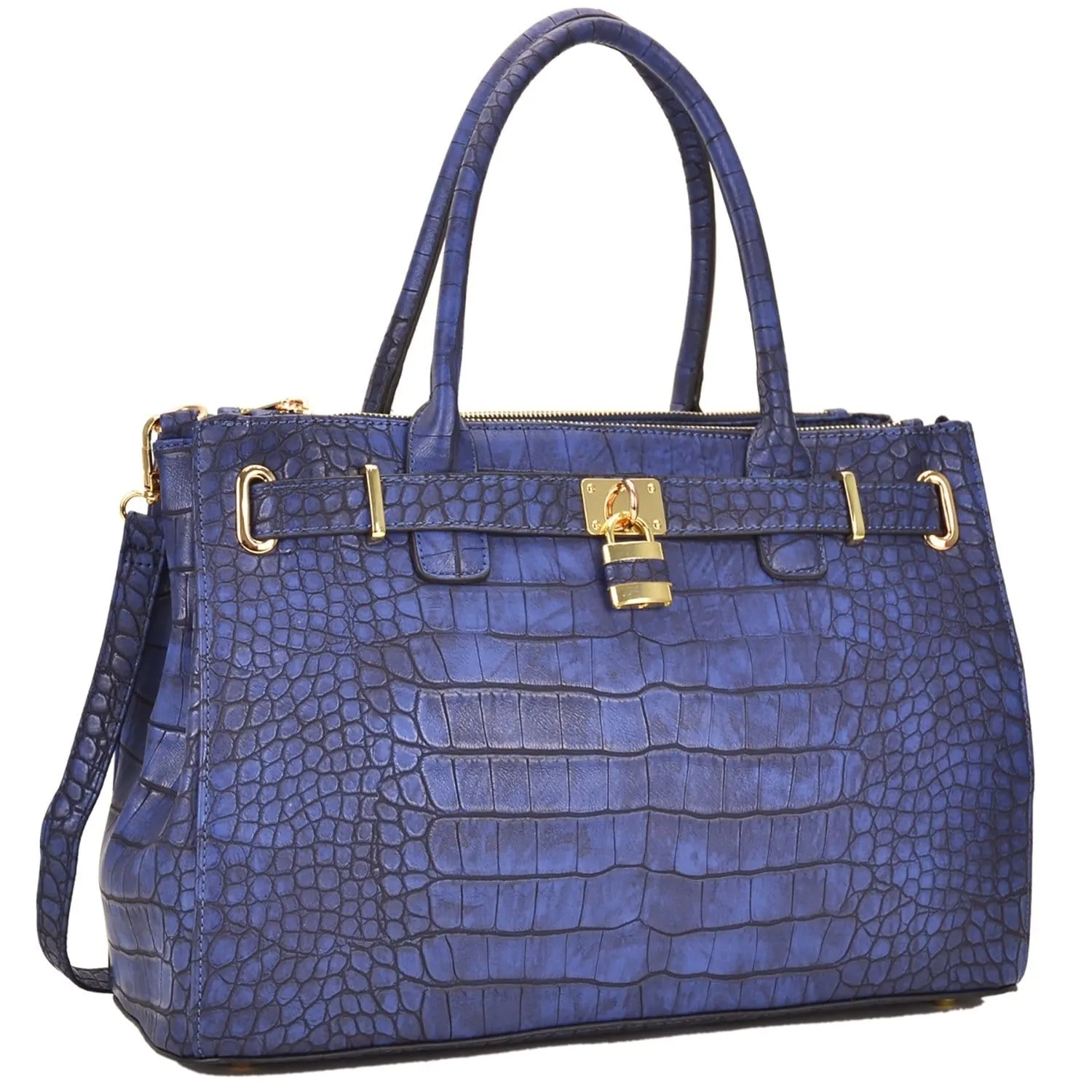 Lisa Cross Faux Croco Embossed Leather Padlock Satchel Handbag