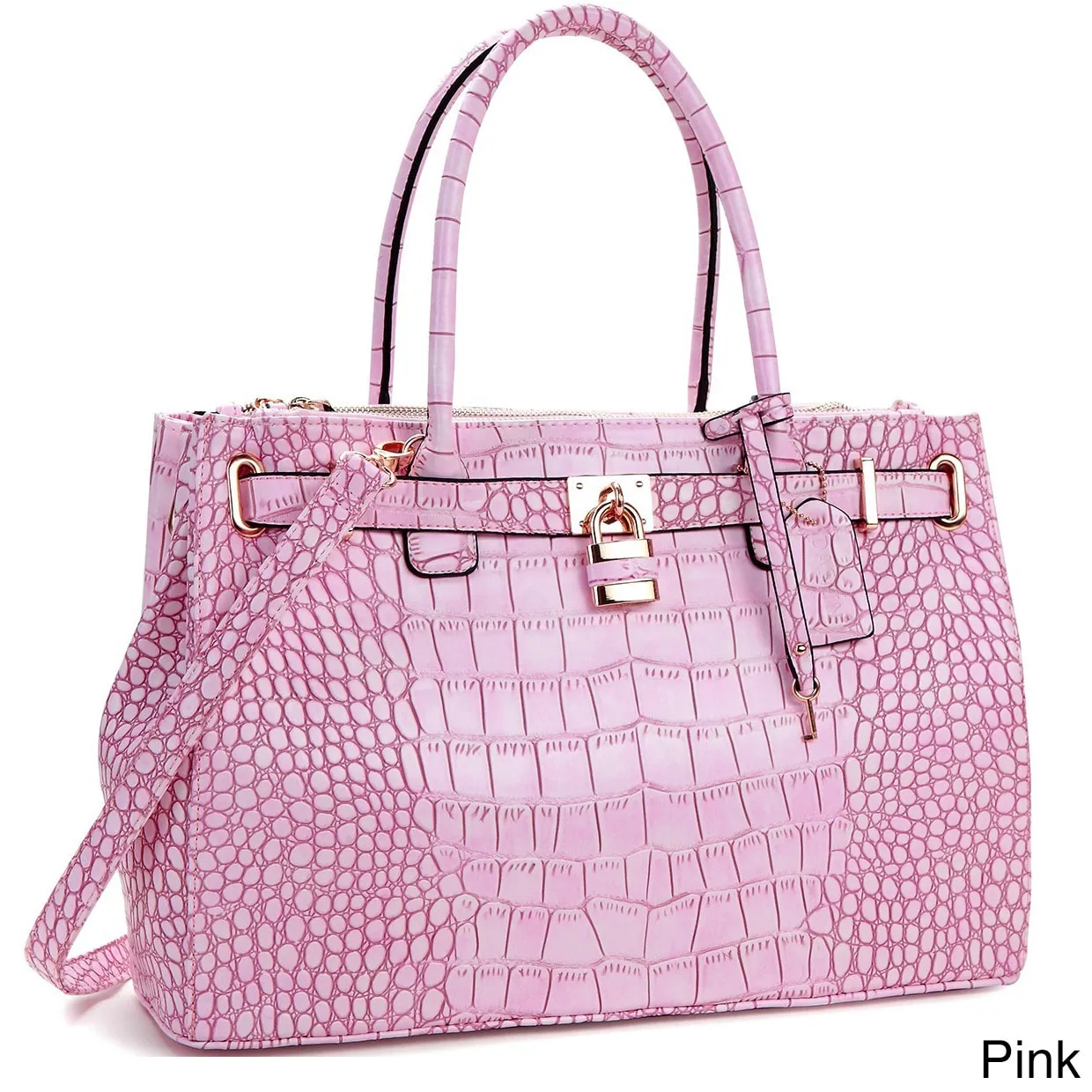 Lisa Cross Faux Croco Embossed Leather Padlock Satchel Handbag