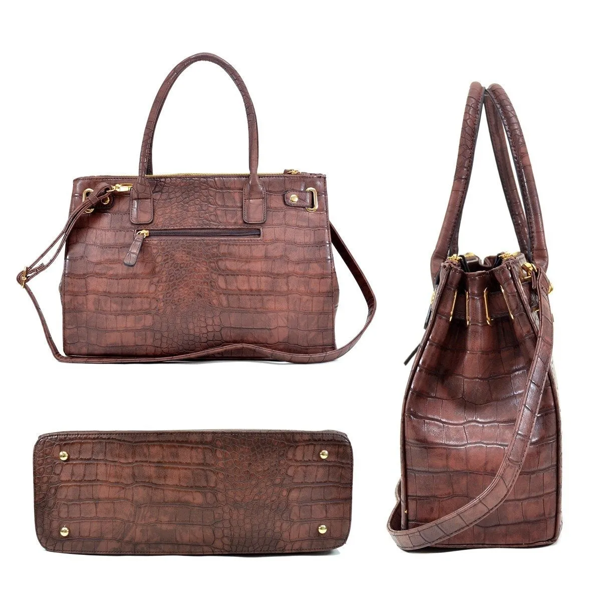 Lisa Cross Faux Croco Embossed Leather Padlock Satchel Handbag