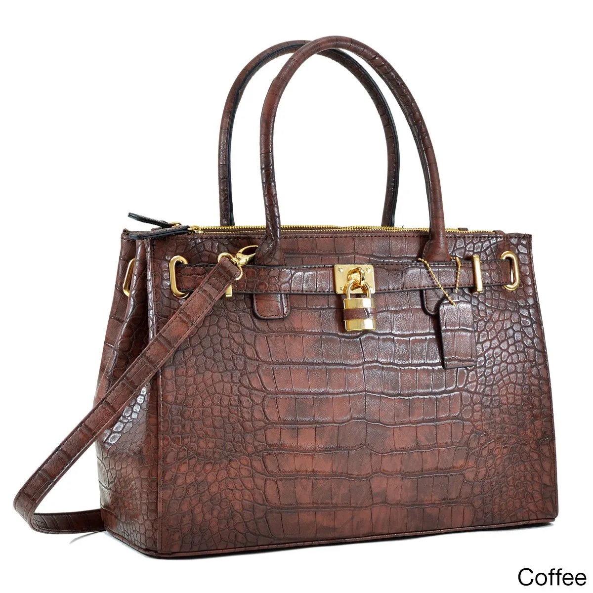 Lisa Cross Faux Croco Embossed Leather Padlock Satchel Handbag