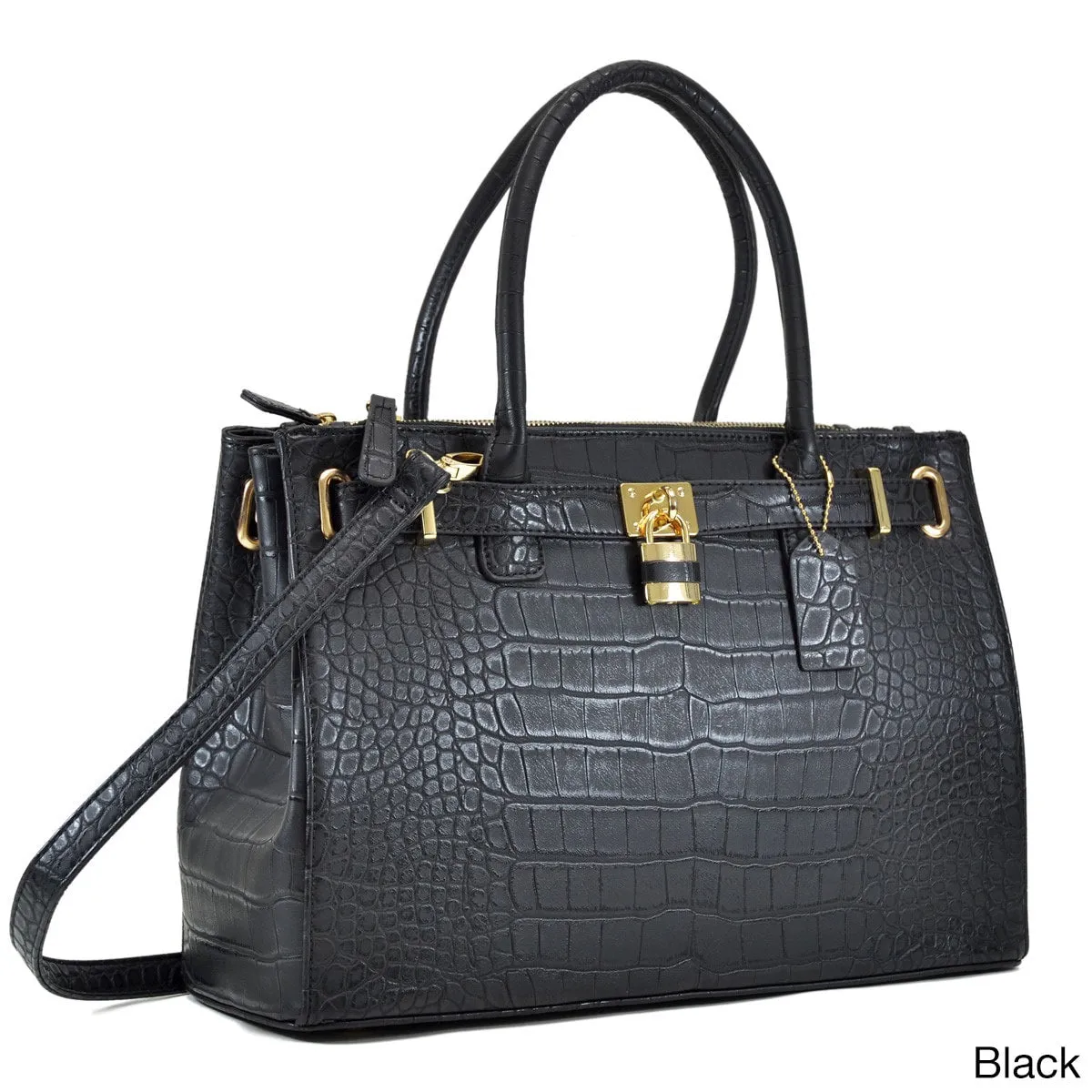 Lisa Cross Faux Croco Embossed Leather Padlock Satchel Handbag