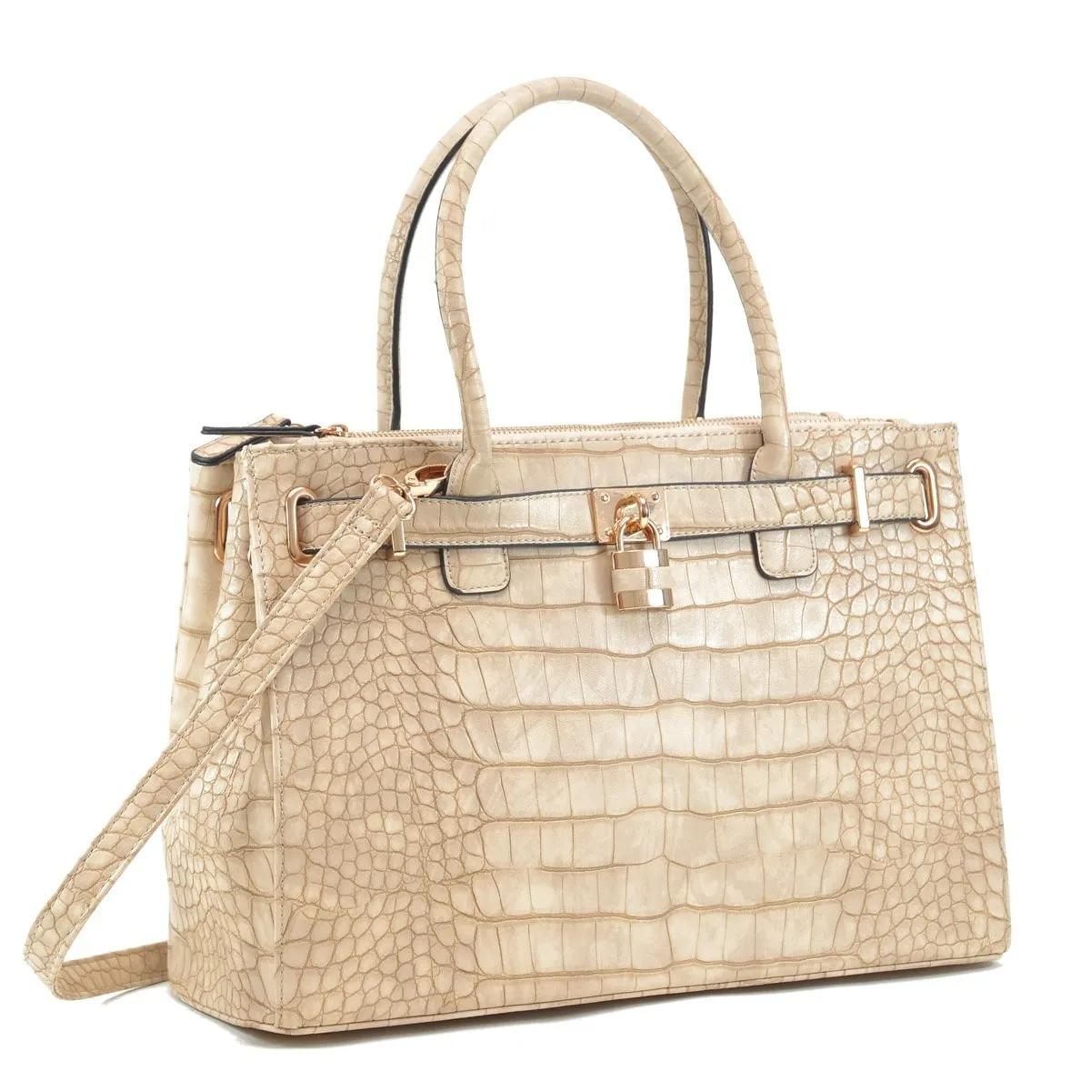 Lisa Cross Faux Croco Embossed Leather Padlock Satchel Handbag