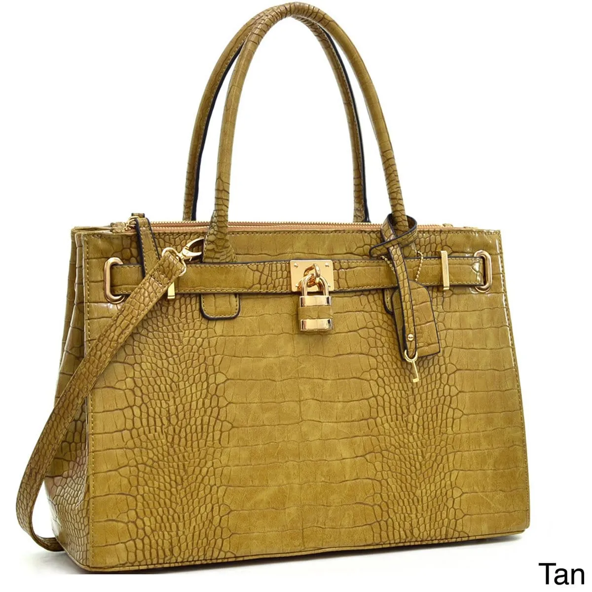 Lisa Cross Faux Croco Embossed Leather Padlock Satchel Handbag